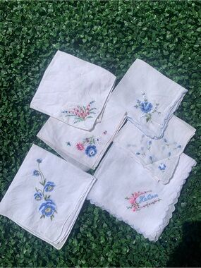 Vintage 50s 60s pink & blue embroidered floral handkerchief bundle of 6
